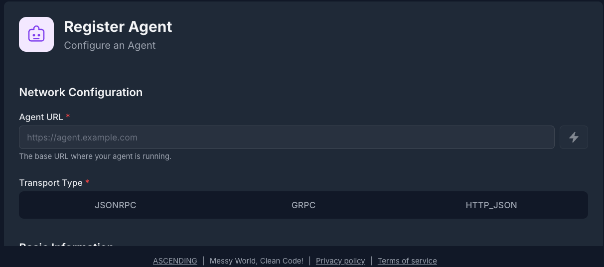 A2A Agent registration form