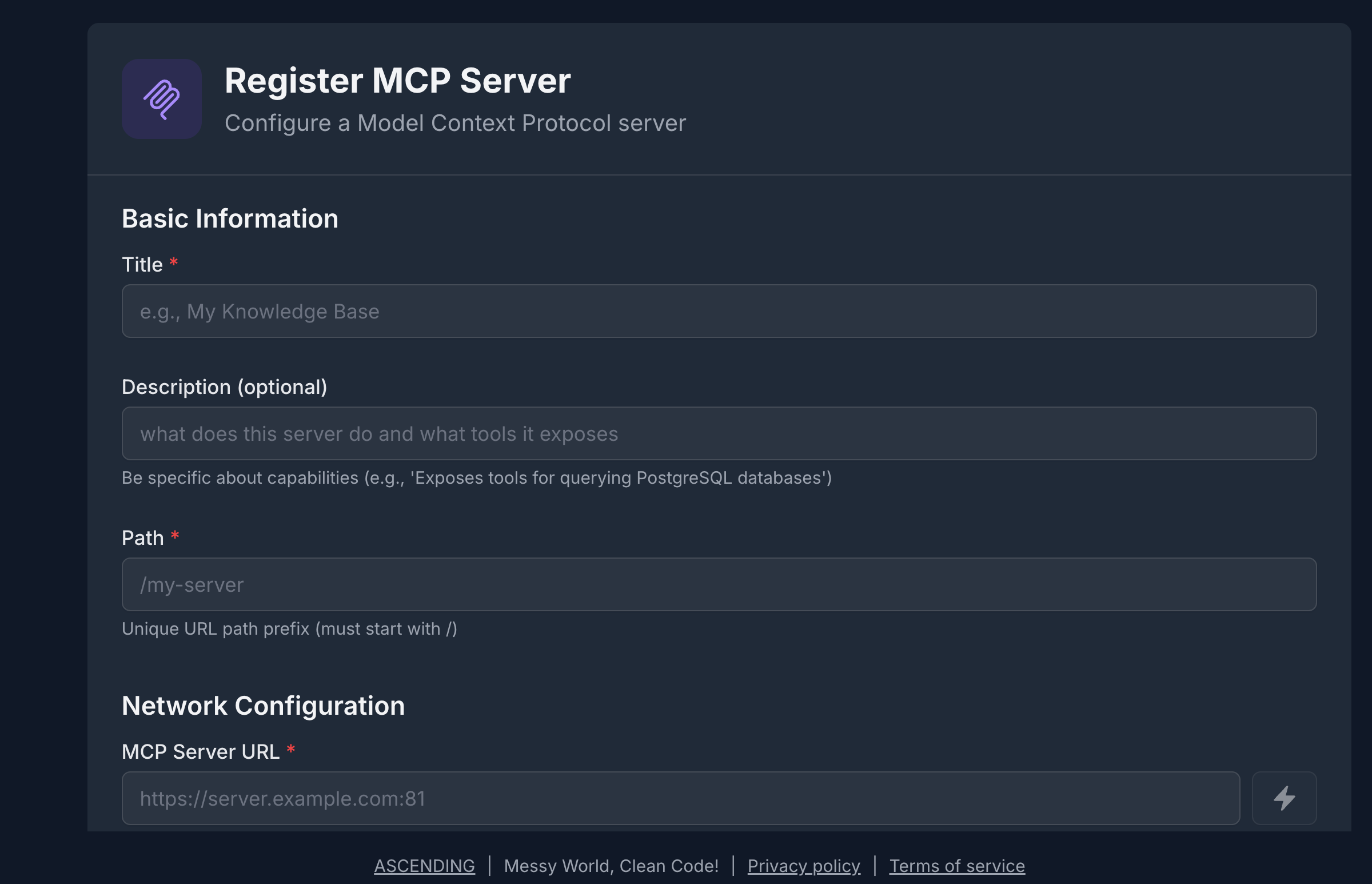 MCP Server registration form
